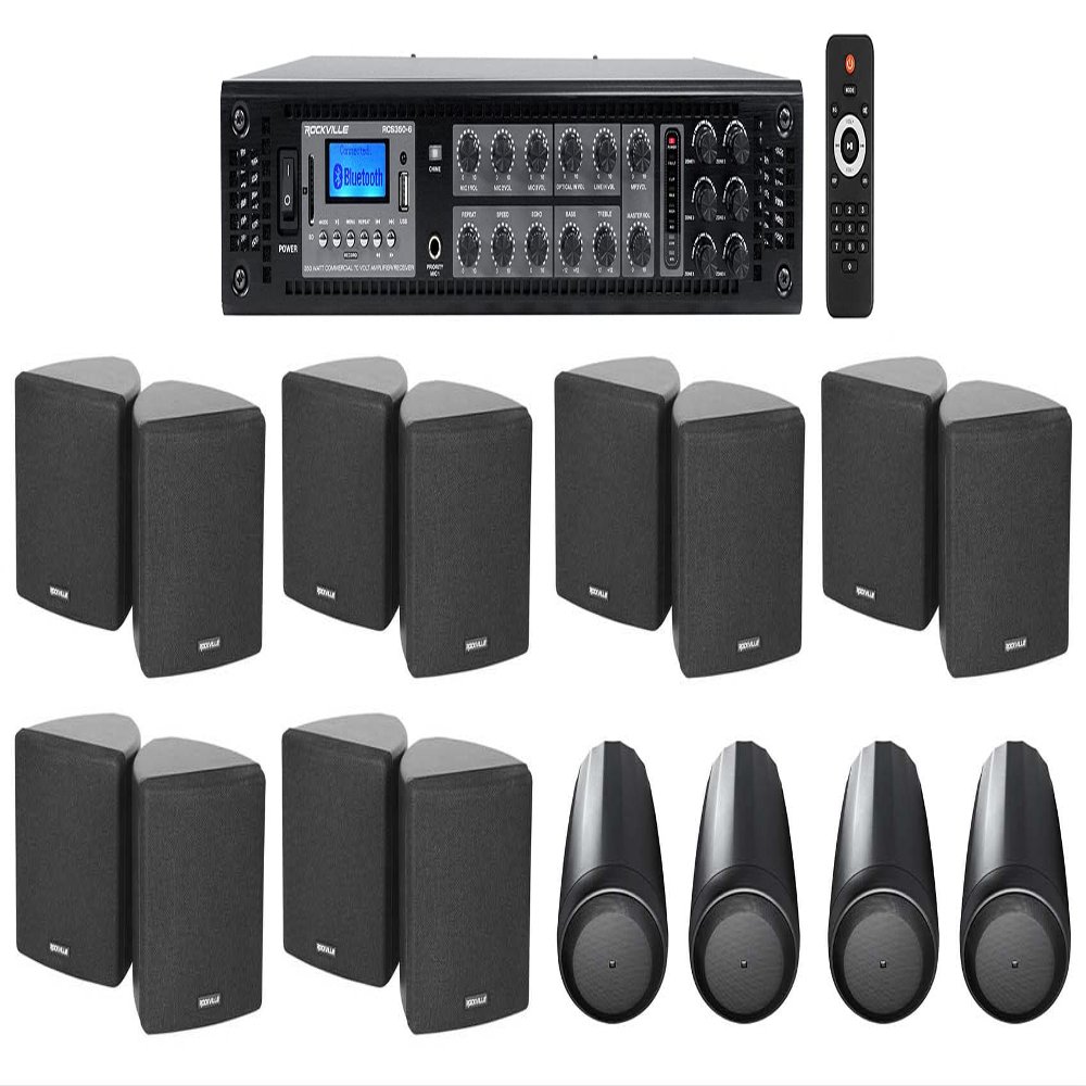 Rockville 6-Zone Amp+(12) 3.5" Black Cube+(4) Pendant Speakers for Restaurant/Bar/Cafe