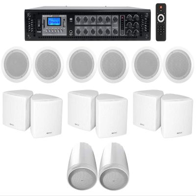 Rockville 6-Zone Home Audio Receiver+(6) 3.5" White Cube+(2) Pendant+Ceiling Speakers