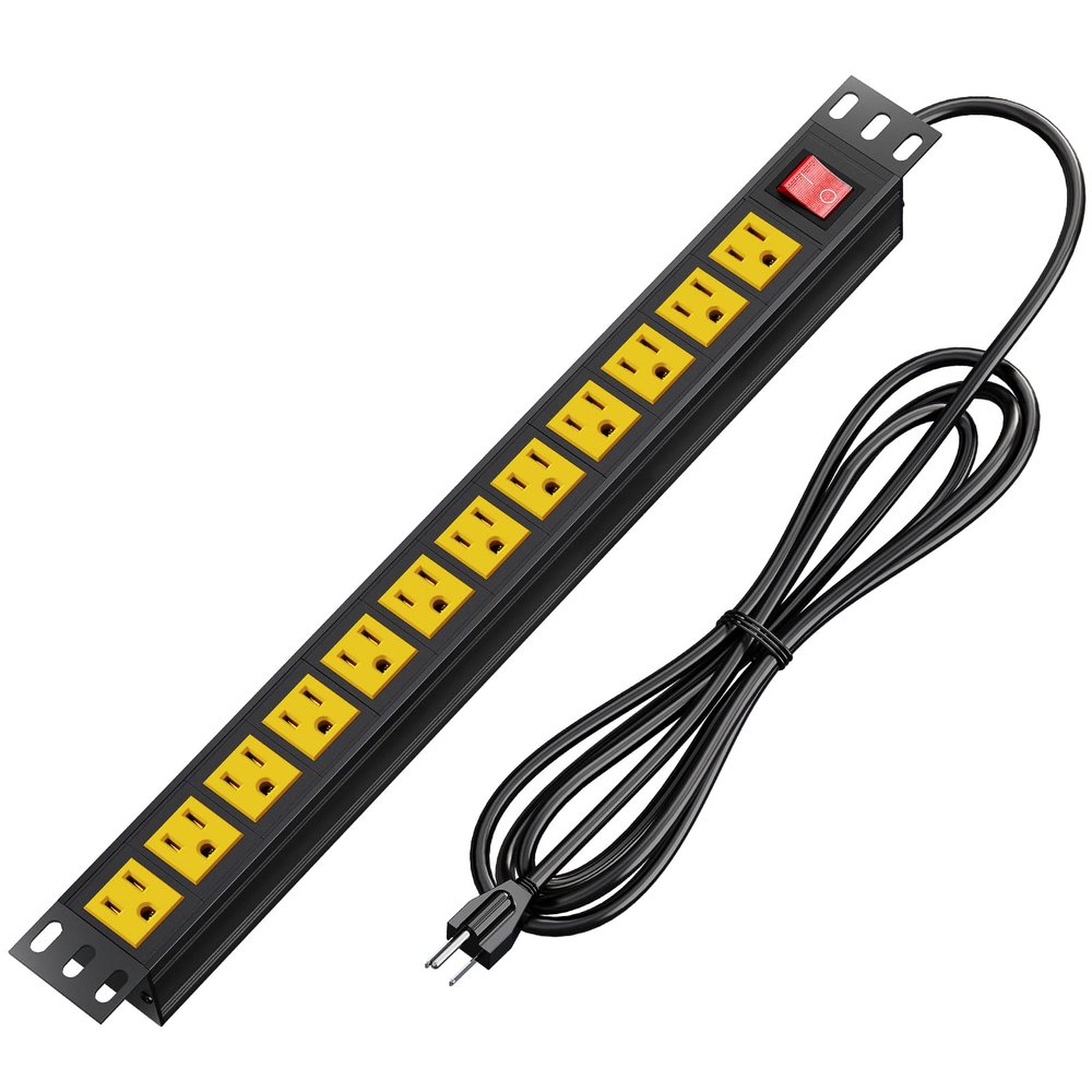 BTU Power Strip Surge Protector Rack-Mount PDU, 12 Outlet Power Strip with Switch, Metal Mountable Heavy Duty for Server Racks, Garage Shop, Industrial Commercial (Yellow 6FT)