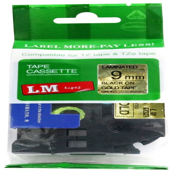 LM Tapes - Premium 3/8" (9mm) Black on Reflective Gold Compatible TZe P-Touch Tape for use with Brother PT-1910, PT1910 PtouchLabel Printer Includes Tape Size/Color Guide.
