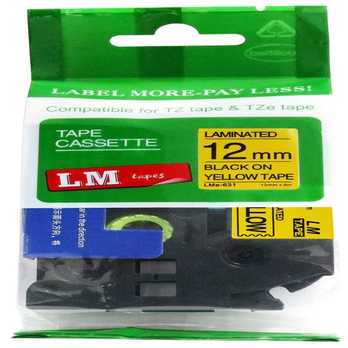 LM Tapes - Premium 1/2" (12mm) Black on Yellow Compatible TZe P-Touch Tape for use with Brother PT-1300, PT1300 Ptouch Label Printer Includes Tape Size/Color Guide.