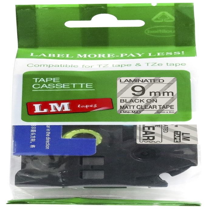 LM Tapes - Premium 3/8" (9mm) Black on Matte Clear Compatible TZe P-Touch Tape for use with Brother PT-1300, PT1300 Ptouch Label Printer Includes Tape Size/Color Guide.