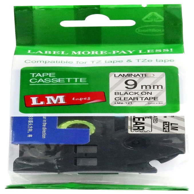 LM Tapes - Premium 3/8" (9mm) Black on Clear Compatible TZe P-Touch Tape for use with Brother PT-H111, PTH111 Ptouch Label Printer Includes Tape Size/Color Guide.