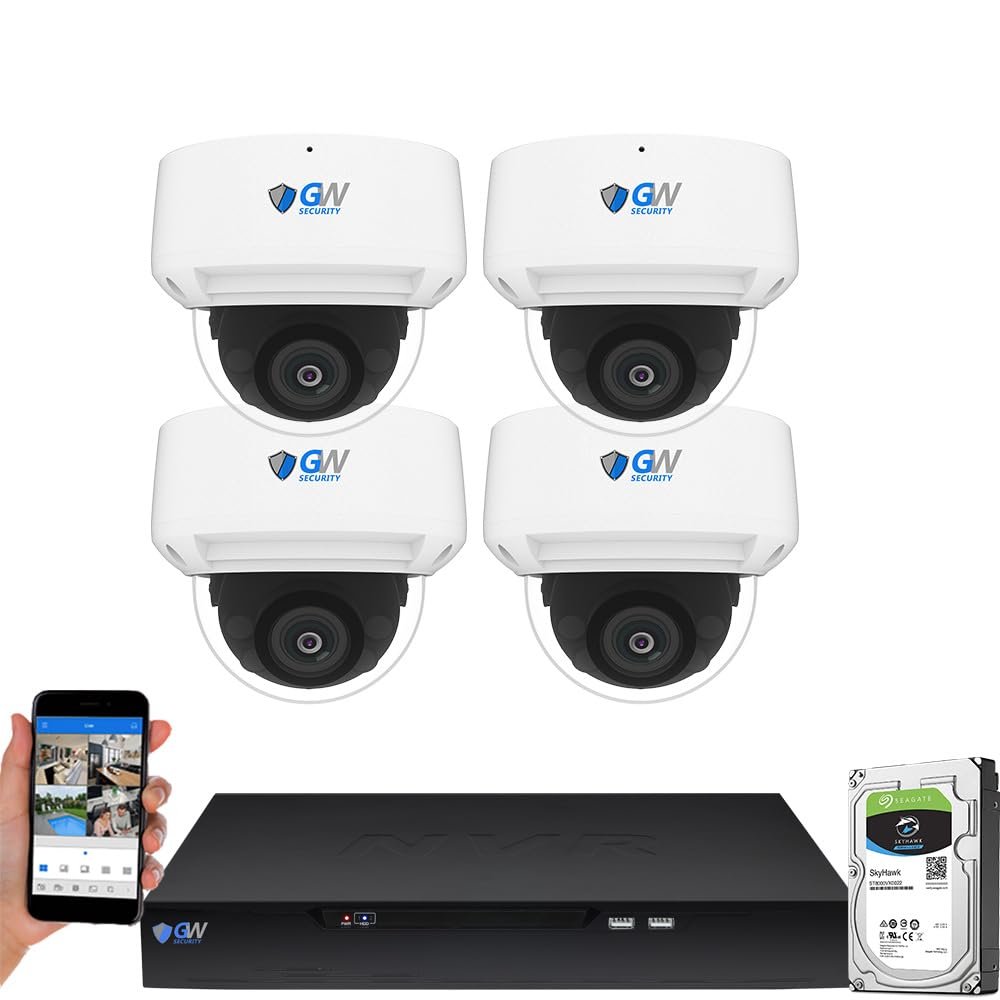 GW Security 8 Channel NVR 4K 8MP PoE 2.8-12mm Varifocal Zoom Security Camera System with 4 x 4K 8MP IP Microphone Waterproof Smart AI Dome Camera, Face Recognition/Human/Vehicle Detection