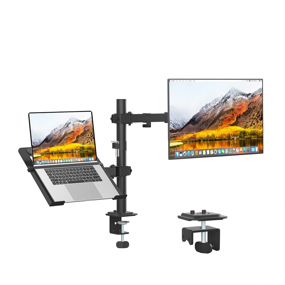 UPGRAVITY Monitor and Laptop Mount, Monitor Arm with Vented Tray for 13" to 27" LCD Computer Screens and Notebook up to 17 inch, Fully Adjustable Laptop Mount Stand Holds up to 17.6lbs