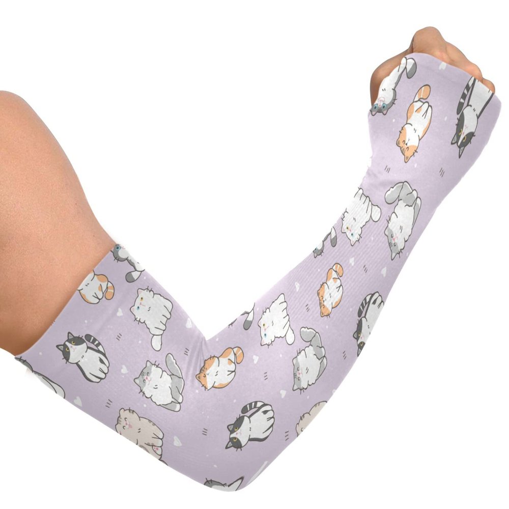 Qilmy Purple Cat Arm Sleeves for Men Women, UV Sun Protection Cooling Compression Arm Sleeves with Thumb Hole for Driving, Cycling, Golf, Fishing, Garden