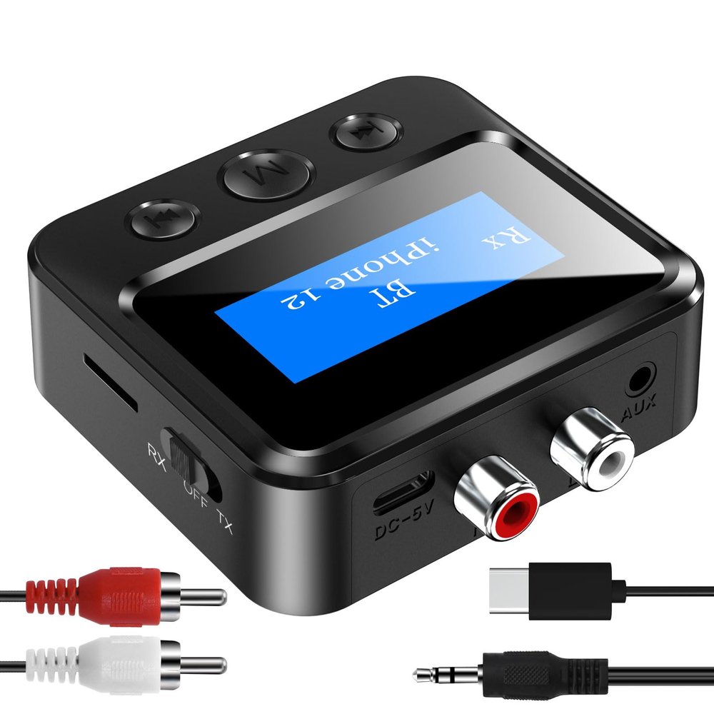Bluetooth Transmitter Receiver for TV, Audio Adapter for Home Stereo with RCA 3.5mm AUX & Display, Bluetooth Transmitter for Headphones/Speakers/Airplane/Home Theater/PC/Car, TF Card Output