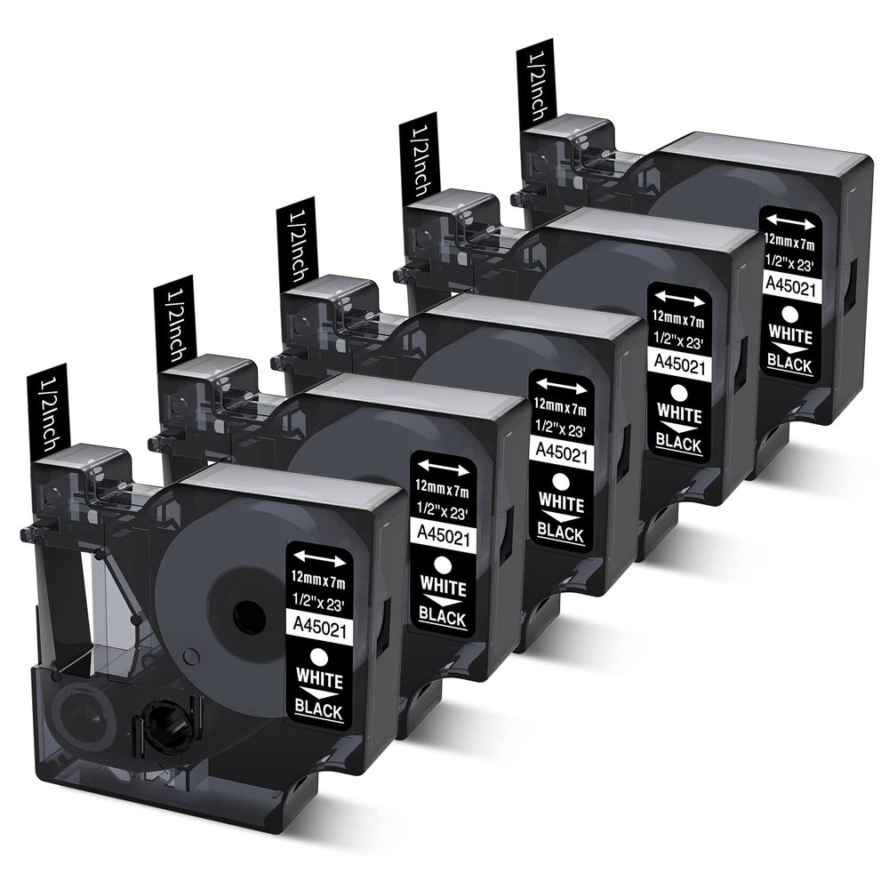 Freshworld 5-Pack Replacement for Dymo D1 Label Tape White on Black 45021 S0720610 Permanent Polyester Tapes,1/2 Inch(12mm) x 23Ft(7m),for Dymo LabelManager PnP 160 210D 260P 280 360D 420P Label Maker