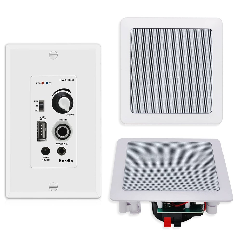 Herdio 5.25 Inch Bluetooth Ceiling Speakers with Wall Mount Control Amplifier Receiver System for Home Living Room Bedroom Bathroom Office (A Pair)