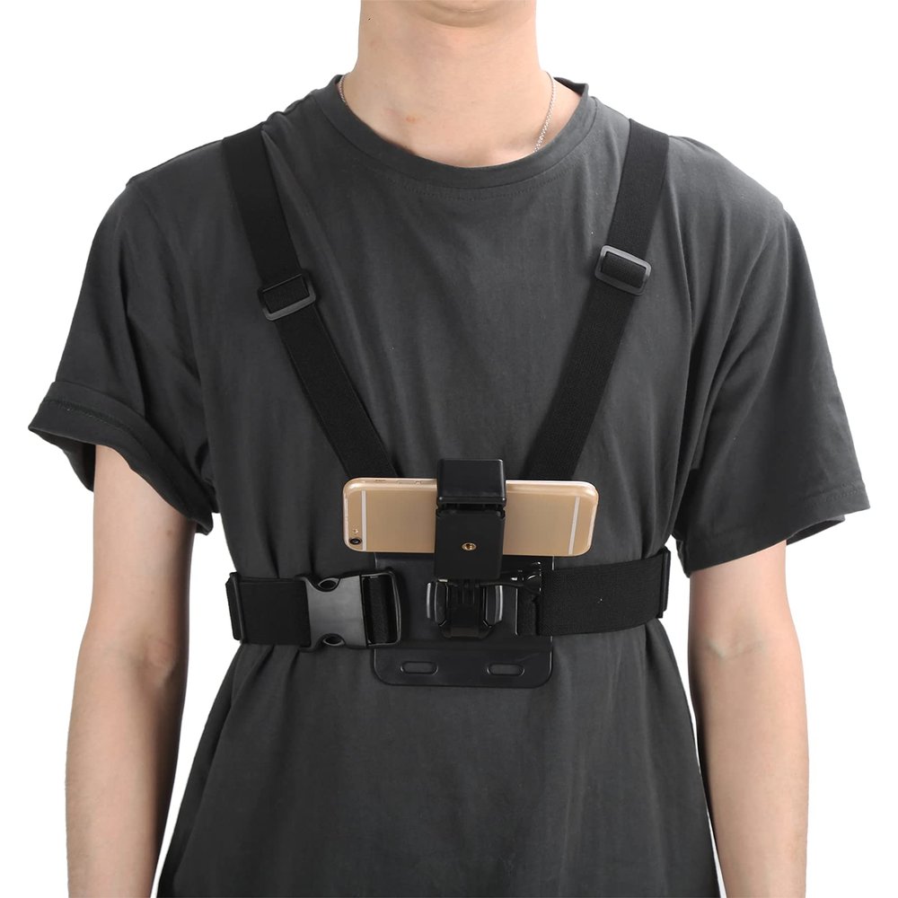 Adjustable Chest Mount Harness for Sport Camera Mobile Phone, Stable Harness Strap Holder Mount for Outdoor Sports, J Shaped Base Cell Phone Clip Holder Installation Fixation Bracket