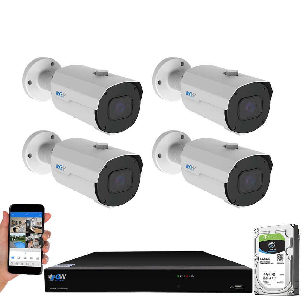 GW Security 8 Channel NVR 4K 8MP PoE 4X Motorized Optical Zoom Security Camera System with 4 x 4K 8MP IP Microphone Waterproof Smart AI Bullet Camera, Face Recognition/Human/Vehicle Detection