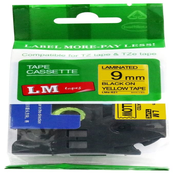 LM Tapes - Premium 3/8" (9mm) Black on Yellow Compatible TZe P-Touch Tape for use with Brother PT-530, PT530, PT-550, PT550 Label Maker Includes Tape Size/Color Guide.
