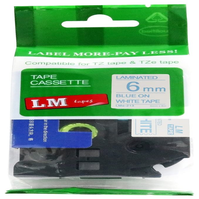 LM Tapes - Premium 1/4" (6mm) Blue on White Compatible TZe P-Touch Tape for use with Brother PT-2110, PT2110 Ptouch Label Printer Includes Tape Size/Color Guide.