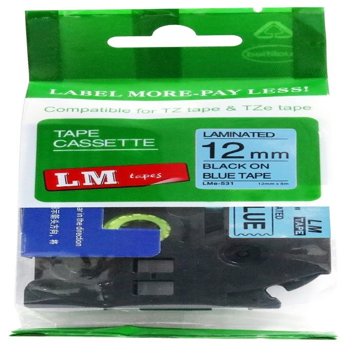 LM Tapes - Premium 1/2" (12mm) Black on Blue Compatible TZe P-Touch Tape for use with Brother PT-2500PC, PT2500PC Label Maker Includes Tape Size/Color Guide.