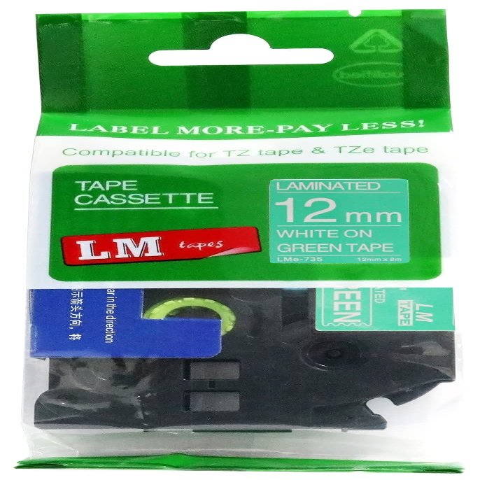 LM Tapes - Premium 1/2" (12mm) White on Green Compatible TZe P-Touch Tape for use with Brother PT-7100, PT7100 Ptouch Label Printer Includes Tape Size/Color Guide.