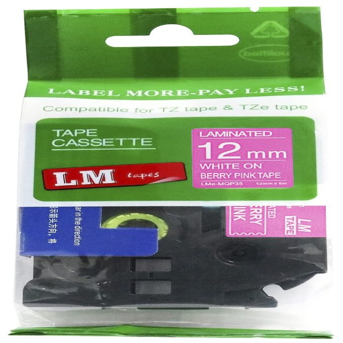 LM Tapes - Premium 1/2" (12mm) White on Berry Pink Compatible TZe P-Touch Tape for use with Brother PT-7100, PT7100 Ptouch Label Printer Includes Tape Size/Color Guide.