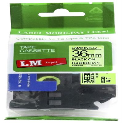 LM Tapes - Premium 1.5" (36mm) Black on Fluorescent Green Compatible TZe P-Touch Tape for use with Brother PT-3600, PT3600 Label Maker Includes Tape Size/Color Guide.
