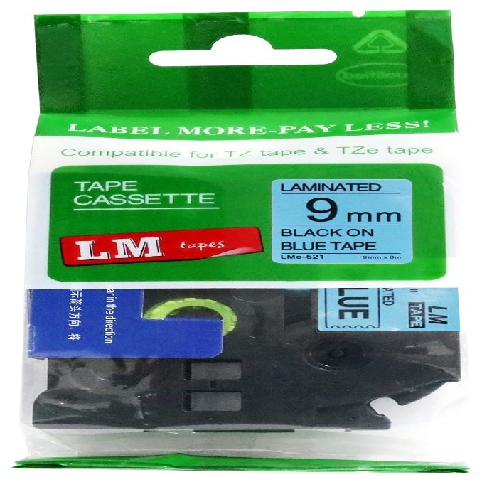 LM Tapes - Premium 3/8" (9mm) Black on Blue Compatible TZe P-Touch Tape for use with Brother PT-9200DX, PT9200DX, PT-9200PC, PT9200PC Label Maker Includes Tape Size/Color Guide.