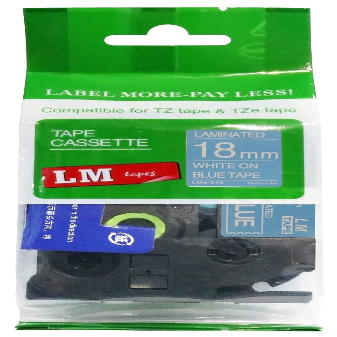 LM Tapes - Premium 3/4" (18mm) White on Blue Compatible TZe P-Touch Tape for use with Brother PT-9800PCN, PT9800PCN, PT9800, PT-9800 Label Maker Includes Tape Size/Color Guide.