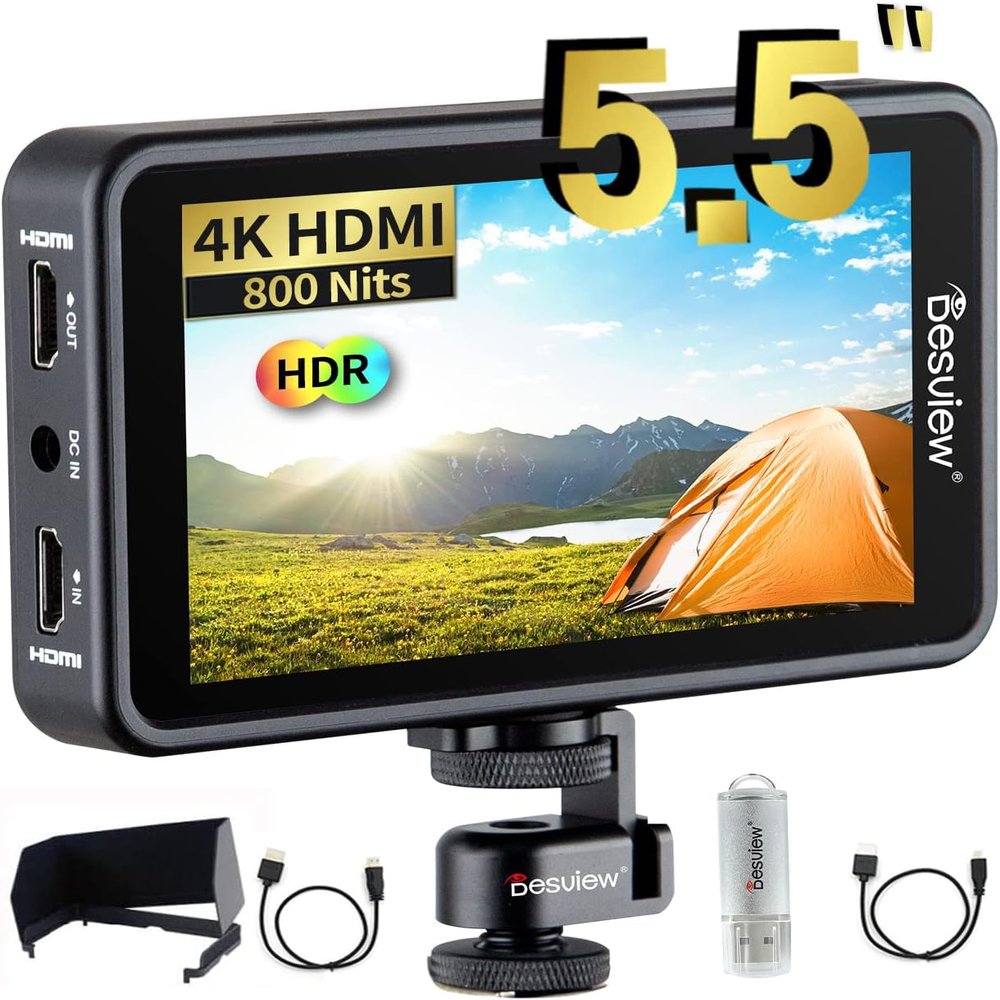 Desview R5II 5.5 inch Touch Screen Camera Field Monitor with 800nits 3D Lut Full HD 1920x1080 IPS Waveform VectorScope Peaking Focus 4K HDMI 8V DC Input Output for DSLR Camera