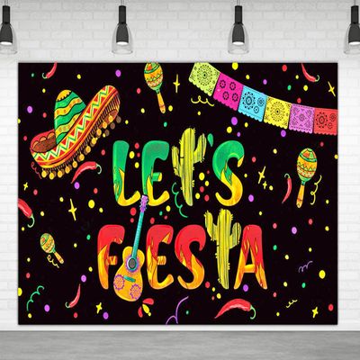 6 X 3.6ft Mexican Let's Fiesta Black Backdrop Let's Fiesta Luau Cinco De Mayo Party Decoration Let's Fiesta Birthday Decoration Party Supplies Mexican Festival Birthday Backdrop Photography Background