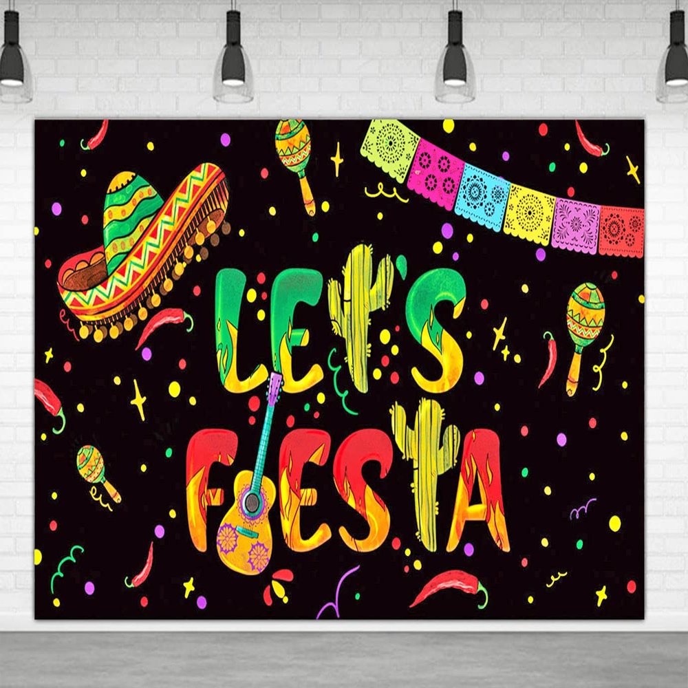 6 X 3.6ft Mexican Let's Fiesta Black Backdrop Let's Fiesta Luau Cinco De Mayo Party Decoration Let's Fiesta Birthday Decoration Party Supplies Mexican Festival Birthday Backdrop Photography Background