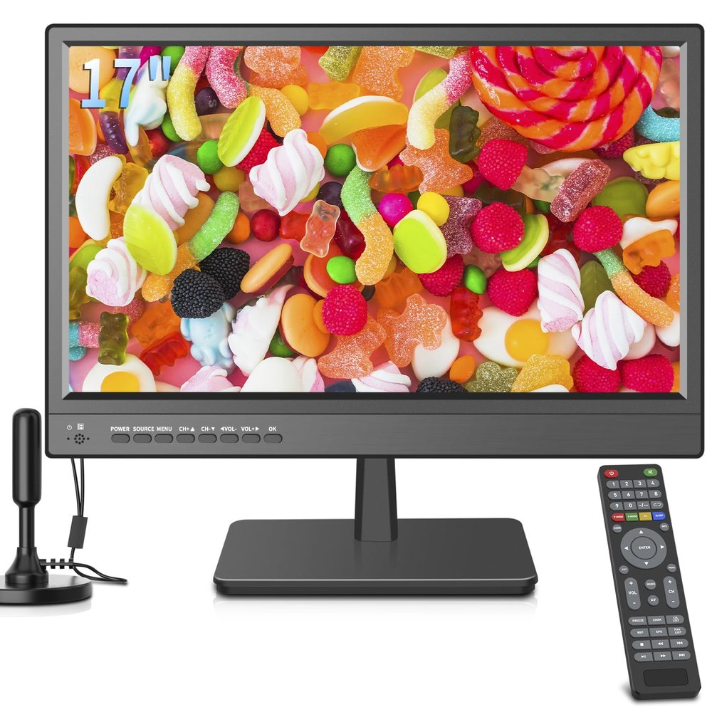 othoig 17 inch TV,Small HD Widescreen LED with Antenna,Digital ATSC Tuner-Free HD Local Channels,HDMI VGA USB Port,12 Volt Charger Cable/AC Power TV for Camping,Caravan and Kitchen
