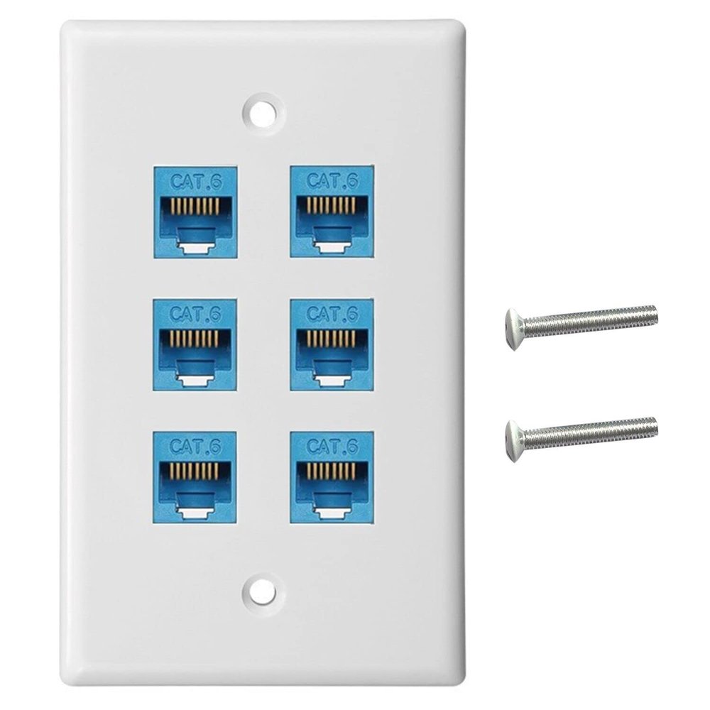 OUYFBO 6-Port Cat6 Keystone Jack Wall Plate - Compatible with Cat7/6/6e/5/5e Ethernet Devices - White with Blue Ethernet Jacks