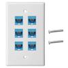 OUYFBO 6-Port Cat6 Keystone Jack Wall Plate - Compatible with Cat7/6/6e/5/5e Ethernet Devices - White with Blue Ethernet Jacks view 1