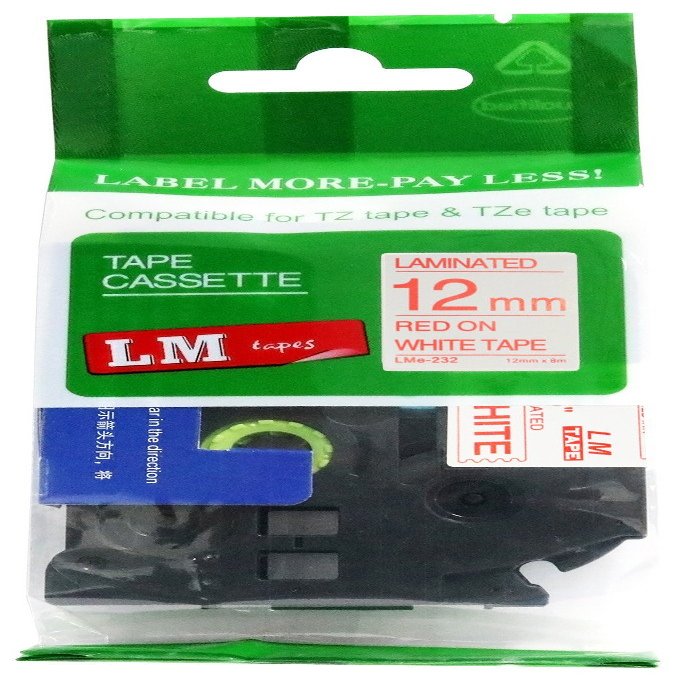 LM Tapes - Premium 1/2" (12mm) Red on White Compatible TZe P-Touch Tape for use with Brother PT-D800W, PTD800W, PT-D800, PTD800 Label Maker Includes Tape Size/Color Guide.