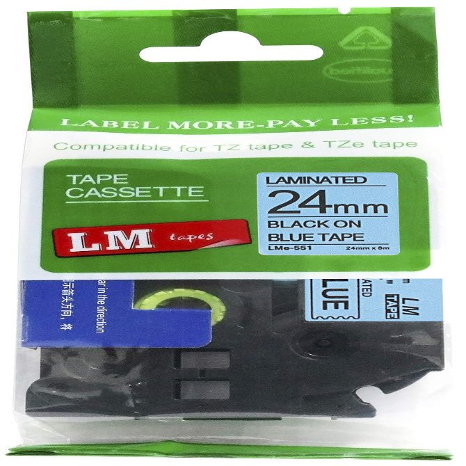 LM Tapes - Premium 1" (24mm) Black on Blue Compatible TZe P-Touch Tape for use with Brother PT-E800W, PTE800W, PT-E800, PTE800 Label Maker Includes Tape Size/Color Guide.