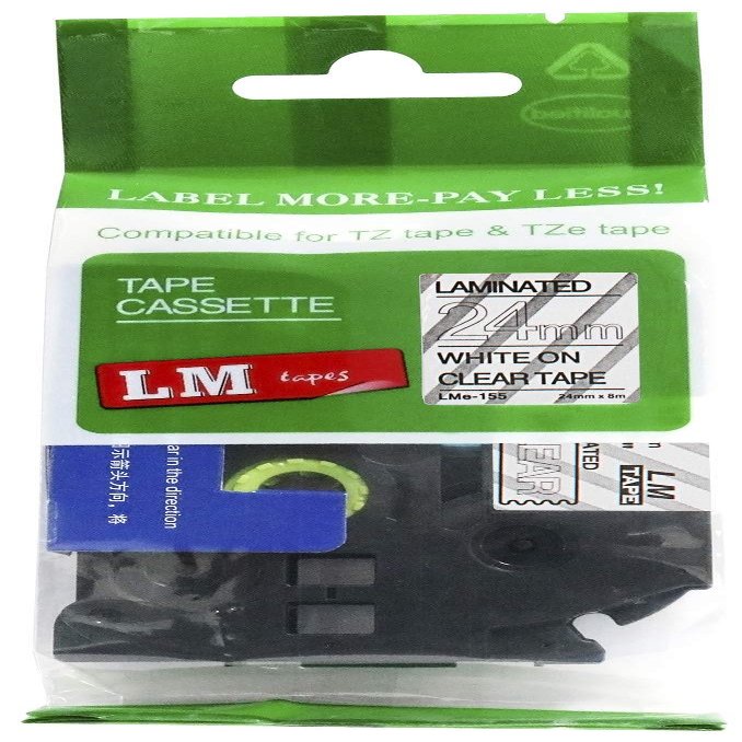 LM Tapes - Premium 1" (24mm) White on Clear Compatible TZe P-Touch Tape for use with Brother PT-E800W, PTE800W, PT-E800, PTE800 Label Maker Includes Tape Size/Color Guide.