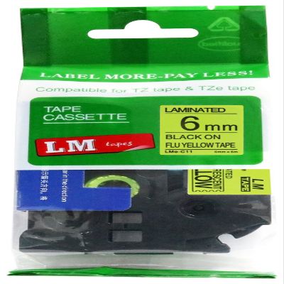 LM Tapes - Premium 1/4" (6mm) Black on Fluorescent Yellow Compatible TZe P-Touch Tape for use with Brother PT-E800W, PTE800W, PT-E800, PTE800 Label Maker Includes Tape Size/Color Guide.