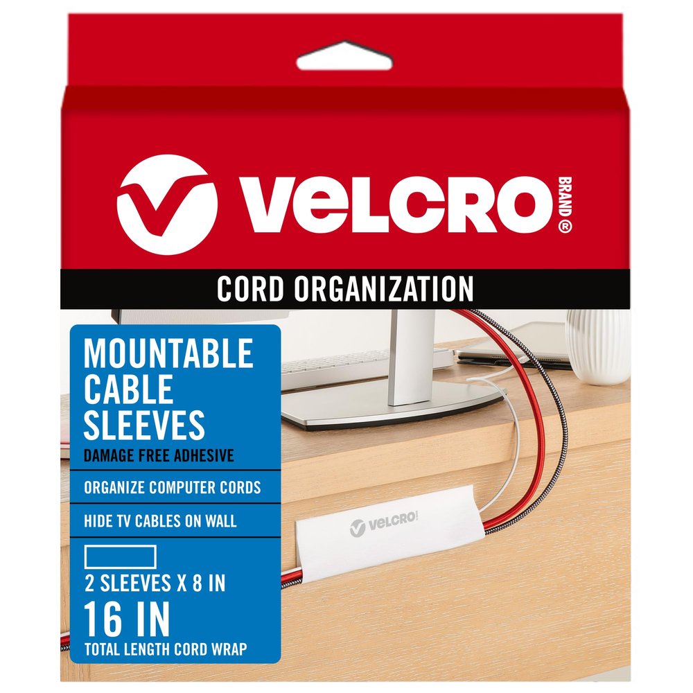 VELCRO Brand Cable Sleeves. Organize Messy Wires on Desk, Behind TV or Game Console. 16-Inch (2x8in) White. Removable Adhesive Mounts to Smooth Surfaces