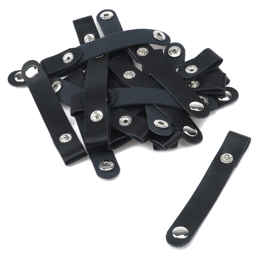 Dnyta 20 Pcs Leather Cable Straps with Snaps, Charger Cable Ties, Management Extension Cord for Headphone or USB Data Cables, Black