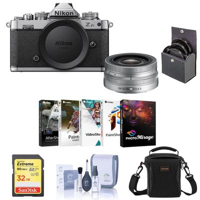 Nikon Z fc DX-Format Mirrorless Camera with Z DX 16-50mm f/3.5-6.3 VR Lens, Silver Bundle with 32GB SD Card, Shoulder Bag, Corel PC Software Kit, Filter Kit, Cleaning Kit