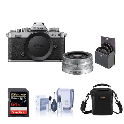 Nikon Z fc DX-Format Mirrorless Camera with NIKKOR Z DX 16-50mm f/3.5-6.3 VR Lens, Silver Bundle with 64GB SD Card, Shoulder Bag, Filter Kit, Cleaning Kit