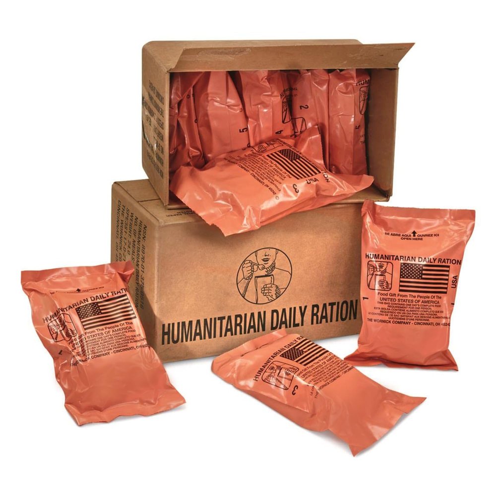 Humanitarian Daily Ration MRE Case  5 US FEMA Emergency rations MRE Varieties - Low Sodium Pre cooked w/Entree, Side Dishes for Hunting, Camping & More, 10 pack, Inspection Date 1/2024 or Better.