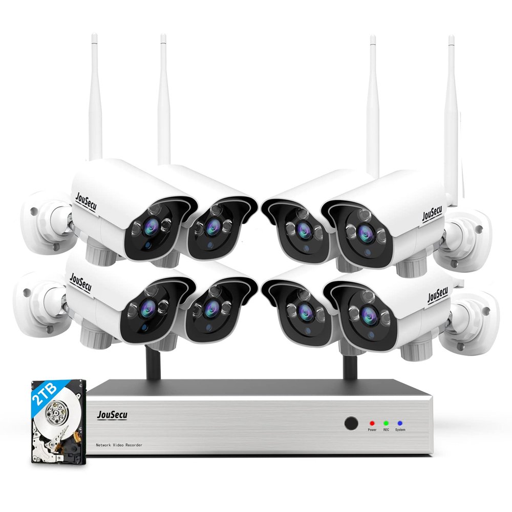 JouSecu 1080P Security Camera System Wireless with 2TB Hard Drive, Plug and Play 8CH Video Surveillance NVR Kit with 8pcs HD Bullet IP Camera for Home/Store/Office, Night Vision Waterproof