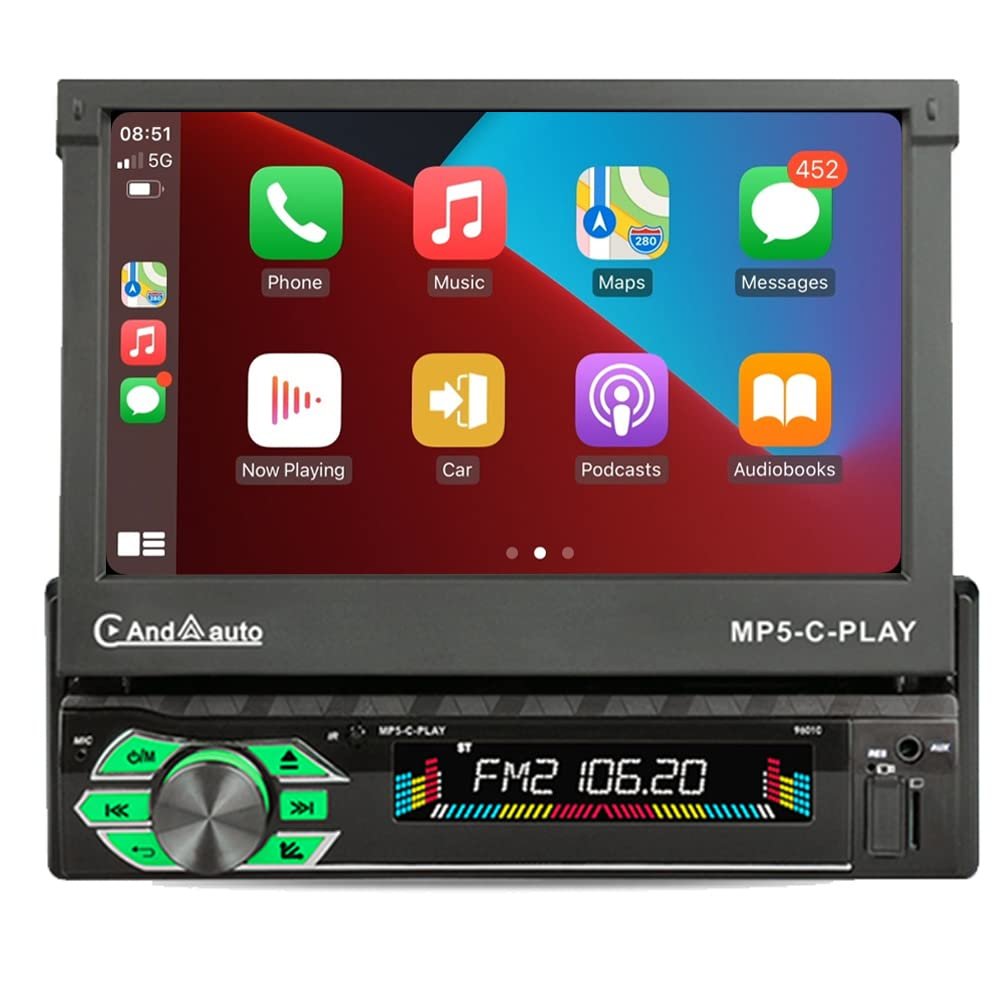 Bluetooth Car Stereo Apple Carplayer Android Auto 7 Inch Automatic Telescoping Touchscreen Radio Supports FM Android/iOS Mirror Link SWC,Single Din Car Audio with USB/TF Card Port/AUX-in