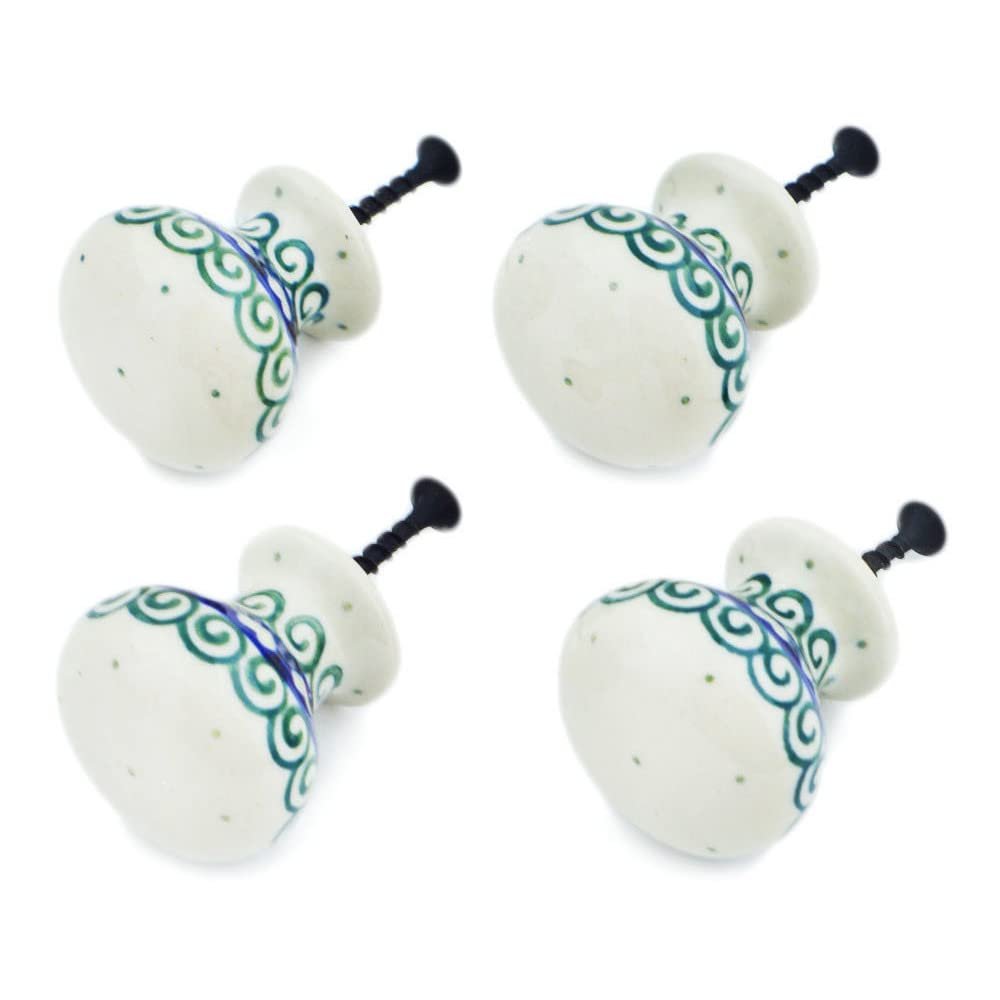 Polmedia Polish Pottery Set of 4 Drawer Pull Knobs - Light Hearted Pattern Handmade in Boleslawiec Poland by Ceramika Artystyczna + Certificate of Authenticity
