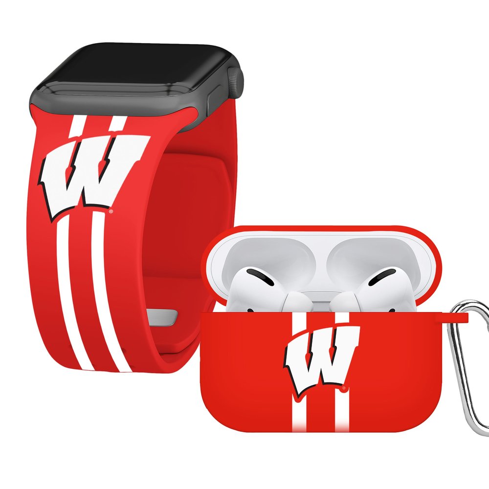 Affinity Bands Wisconsin Badgers HD Combo Package Compatible with Apple Watch and AirPods Pro (42/44/45/49mm (46mm Series 11) Long Stripes)