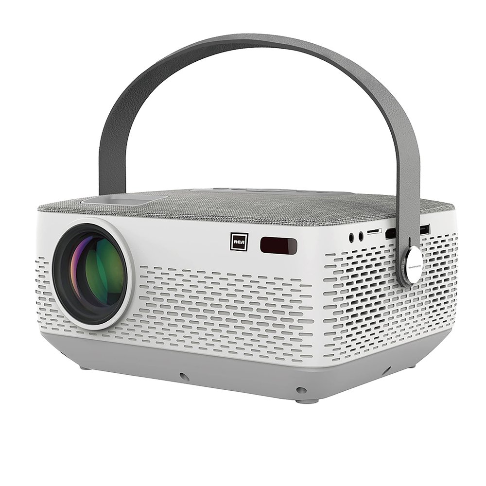 RCA RPJ402 1080P Bluetooth 5.0 Home Theater, Video Projector, LCD Display, HDMI USB AV TF, Indoor & Outdoor Use, Built-In Rechargeable Battery, White