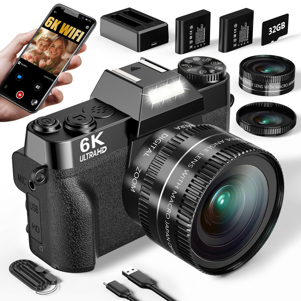 6K Digital Camera for Photography, 64MP Vlogging Camera for YouTube with 3" 180 Flip Screen, 16X Zoom Autofocus Compact Travel Beauty Cameras for Teens, with 32GB Micro SD Card