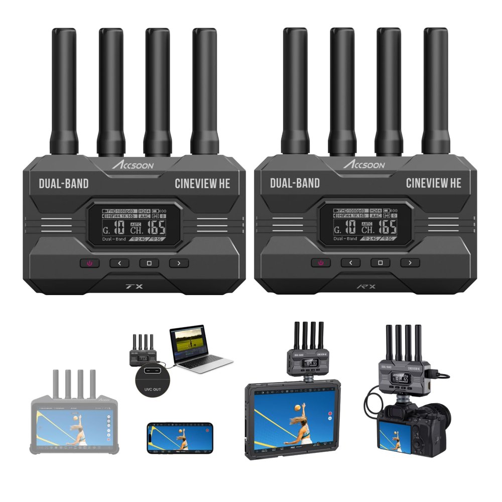 Accsoon CineView HE Wireless Video Transmitte&Receiver, 2.4+5Ghz, UVC Out for Live Streaming 1080p60 0.06s Latency 1200ft Range up to 4 Devices Monitoring, Compatible with CineView M7 Pro/2 SDI/SE
