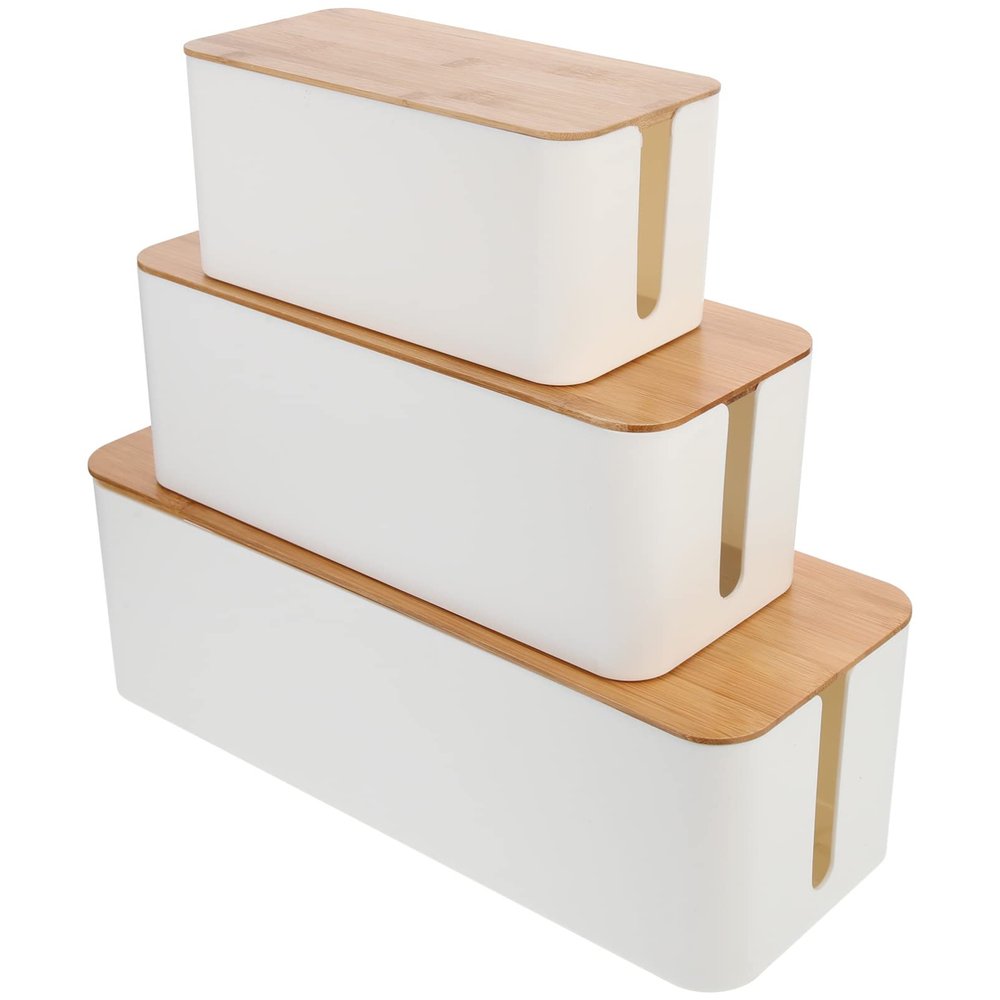 3pcs Box Storage Box Socket Holder Bamboo Lids Cable Management Boxes Desk for Office Protector Cover Power Supply Cables Power Strip White Cable Wire Electric Wire Plastic