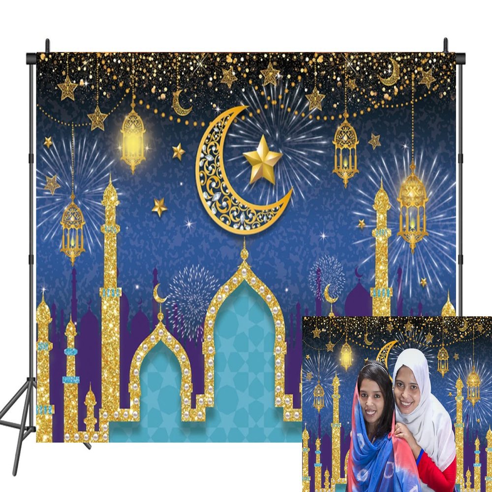 INRUI Eid Mubarak Photography Backdrop Muslim Arabian Night Backdrop Lantern Moon Star Castle Party Decorations Banner (Blue, 8x6FT)