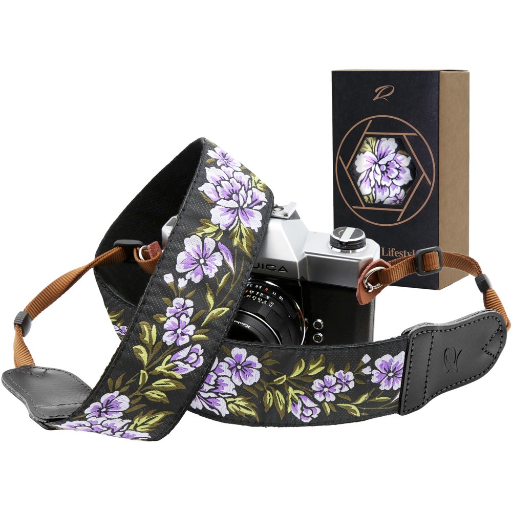 Padwa Lifestyle Purple Flower Camera Strap - 2" Double Layer Cowhide Head Camera Straps for PhotographersAdjustable Neck & Shoulder Vintage Jacquard Embroidery Flower Cotton Strap for all Cameras