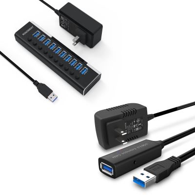 Aluminum 10 Port Powered USB Hub+ 50 Ft USB 3.0 Active Extension Cable with 5V 2A Power Adapter