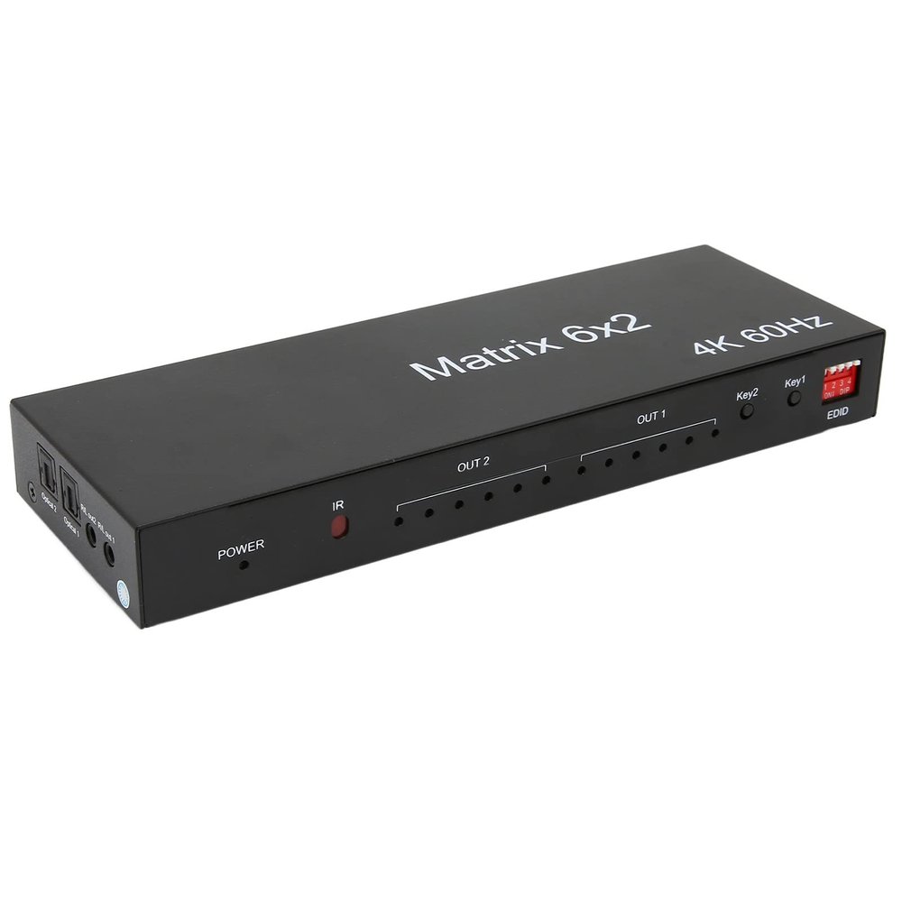 HDMI Switch, 6x2 HDMI Switcher 4K HDMI Splitter Selector with EDID Extractor 60Hz 3D HDCP 2.2 Optical and L R Audio Output with Remote Control (US Plug)